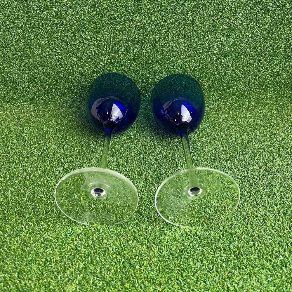 Vintage Set of 2 Hand Blown Cobalt Blue Wine Glass Clear Stems
